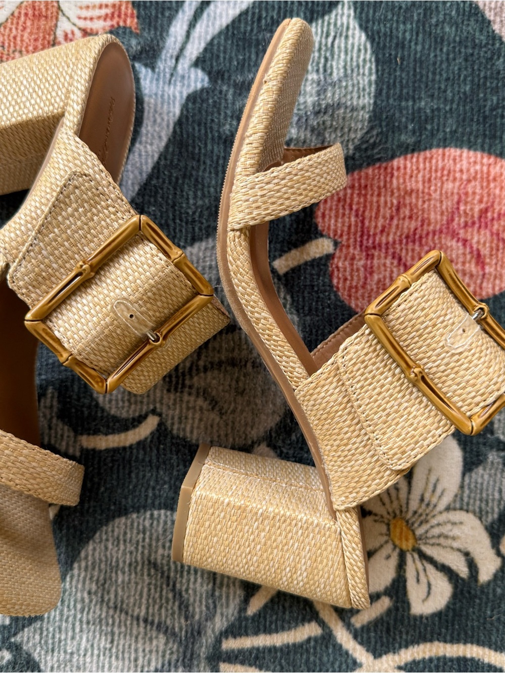 Target Natural Woven Block Heel Sandals with Gold Buckles